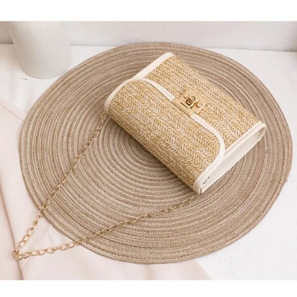 2/$30 Woven Small Crossbody Straw Bag Beige & Black Purse Clutch Gold Chain - Picture 8 of 9